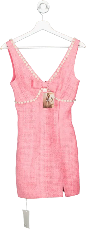 Self-Portrait Pink Bow-and Pearl Embellished Boucle V-neck Mini Dress BNWT UK 6