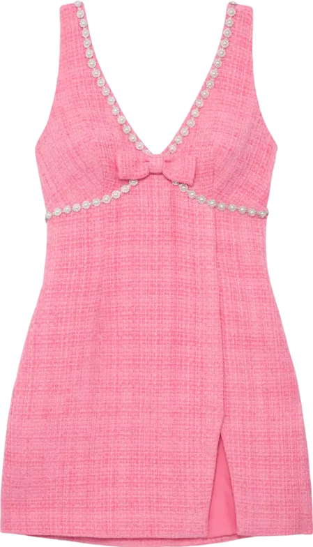 Self-Portrait Pink Bow-and Pearl Embellished Boucle V-neck Mini Dress BNWT UK 6