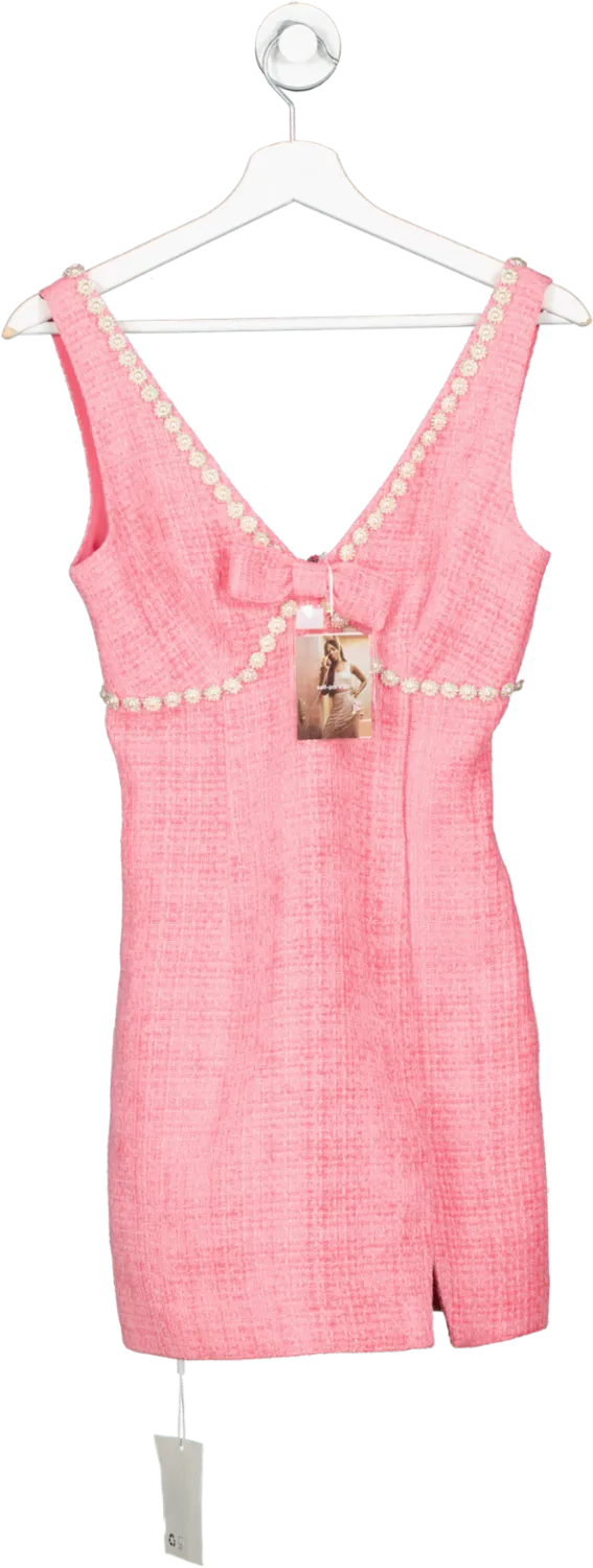 Self-Portrait Pink Bow-and Pearl Embellished Boucle V-neck Mini Dress BNWT UK 6