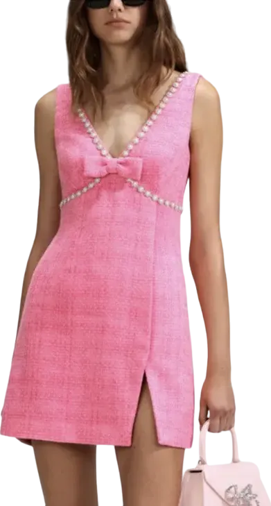 Self-Portrait Pink Bow-and Pearl Embellished Boucle V-neck Mini Dress BNWT UK 6