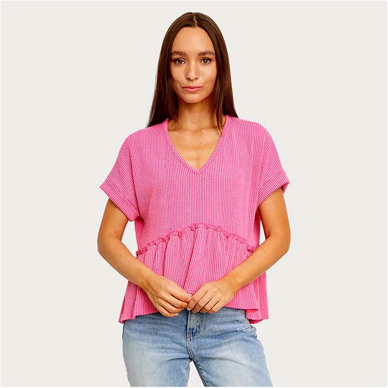 Short Sleeve Ribbed V-Neck Babydoll Top