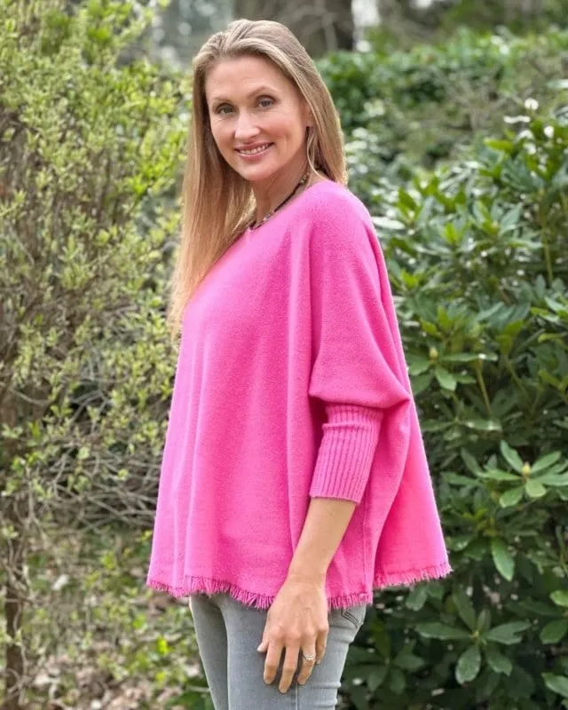 Slash Neck Fringed Poncho Jumper - Fuchsia