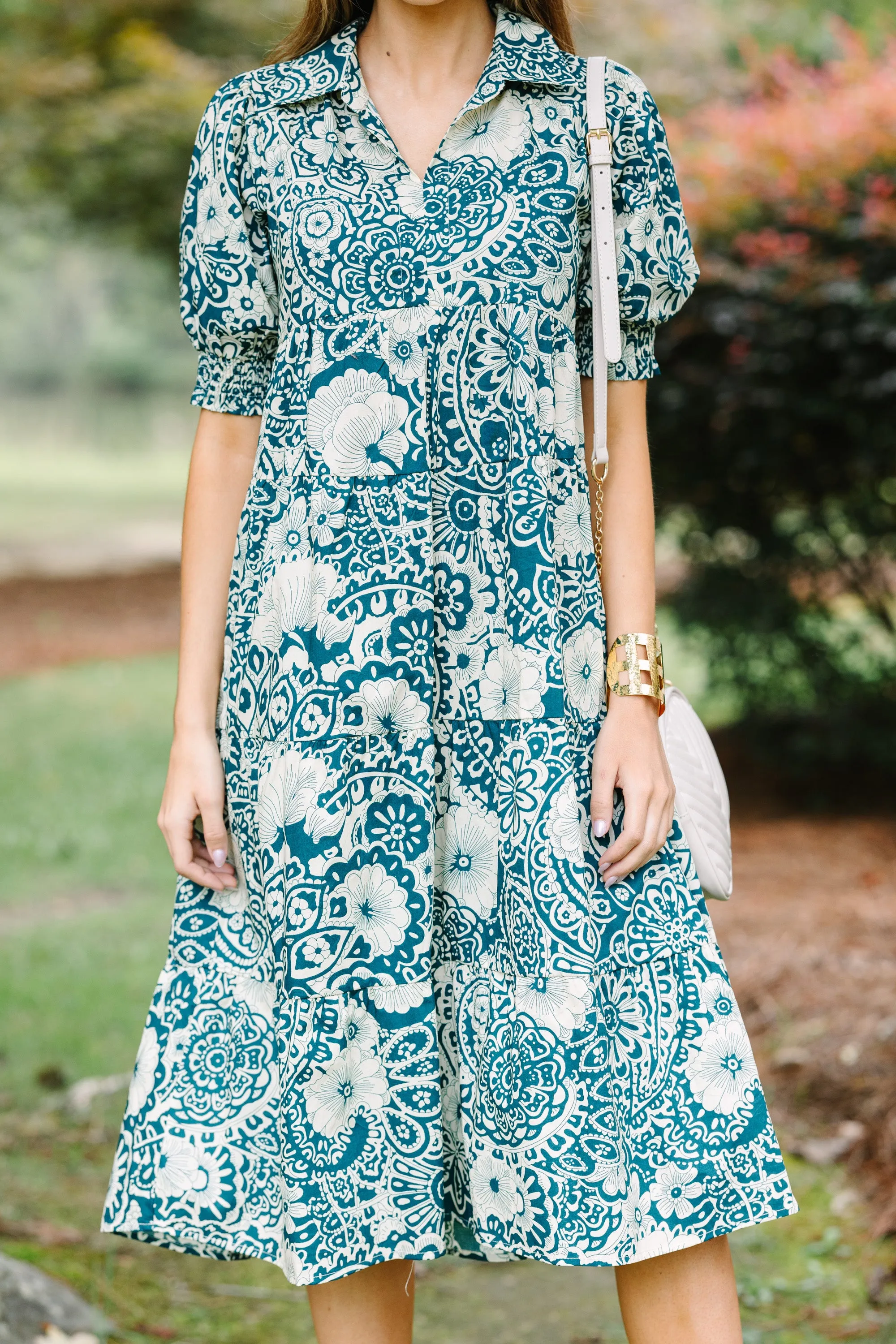 Take You There Peacock Green Abstract Midi Dress