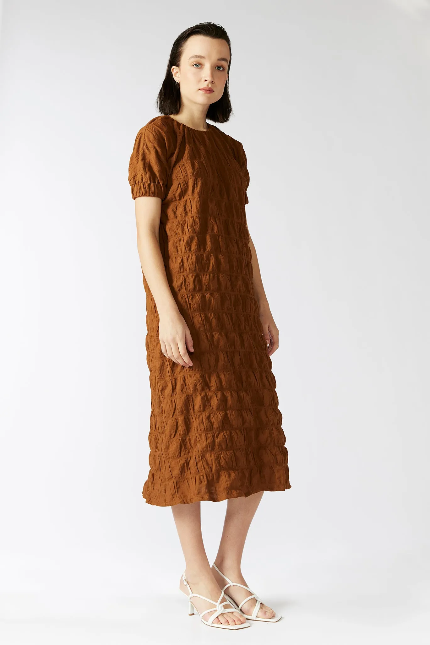 TERRACOTTA DRESS [ Burnt Orange Cotton, Short Sleeves ]