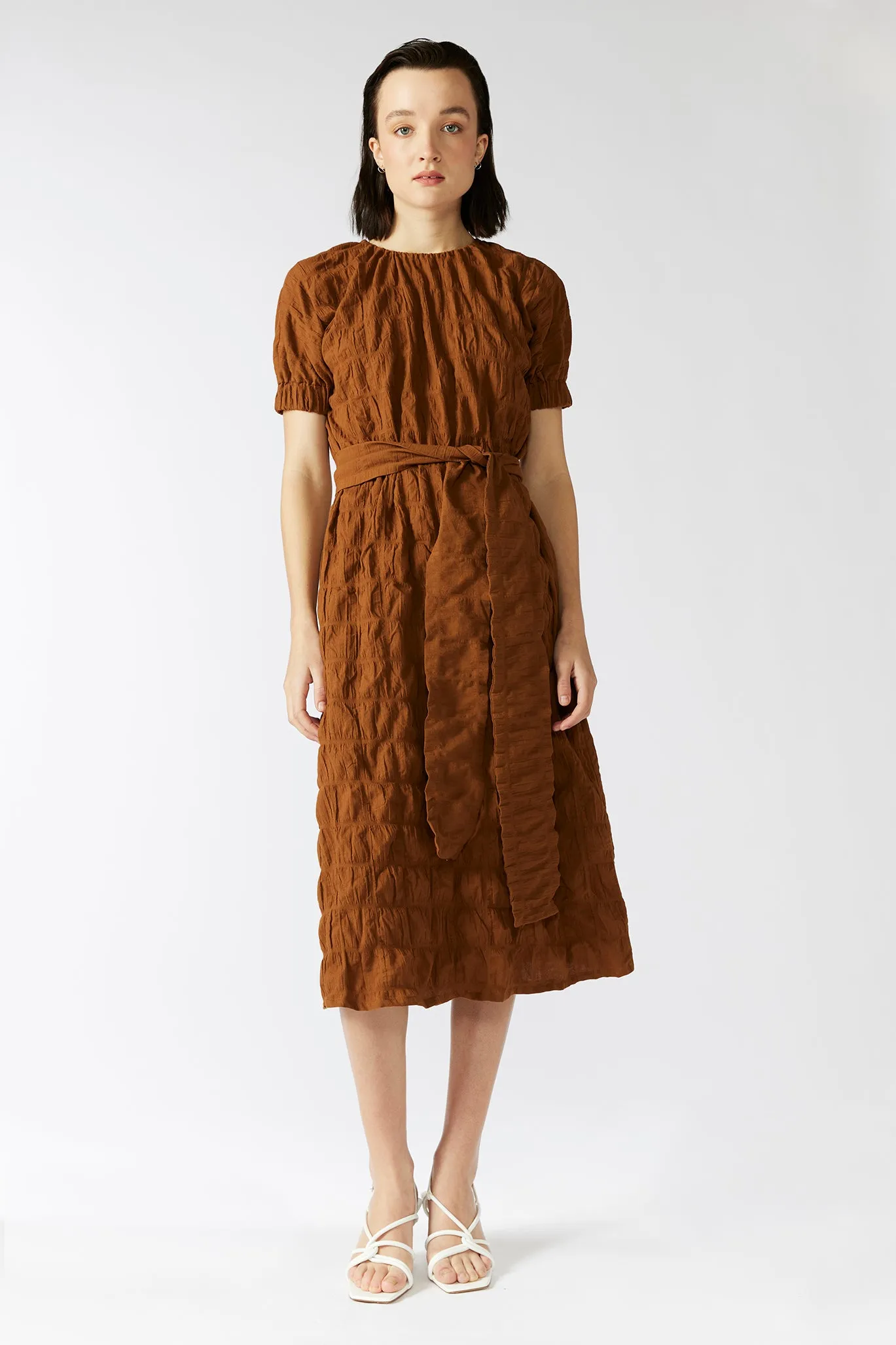 TERRACOTTA DRESS [ Burnt Orange Cotton, Short Sleeves ]