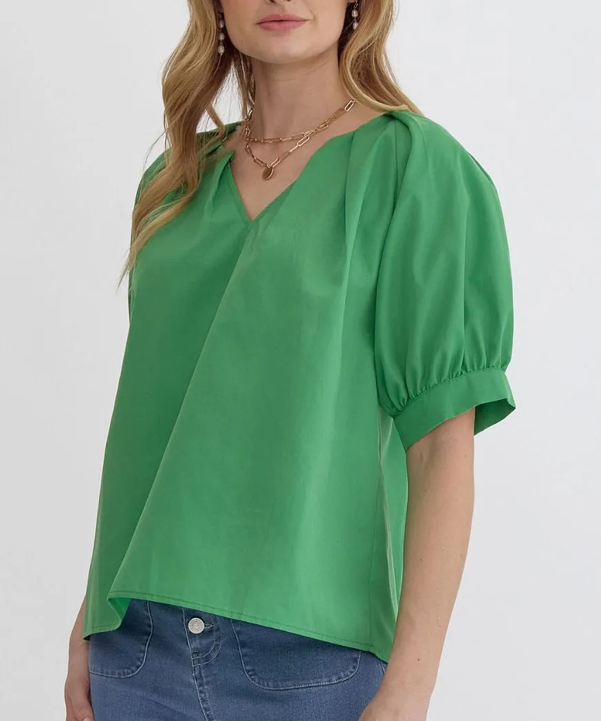 V-Neck Top with Pleat Detail - Pink OR Green