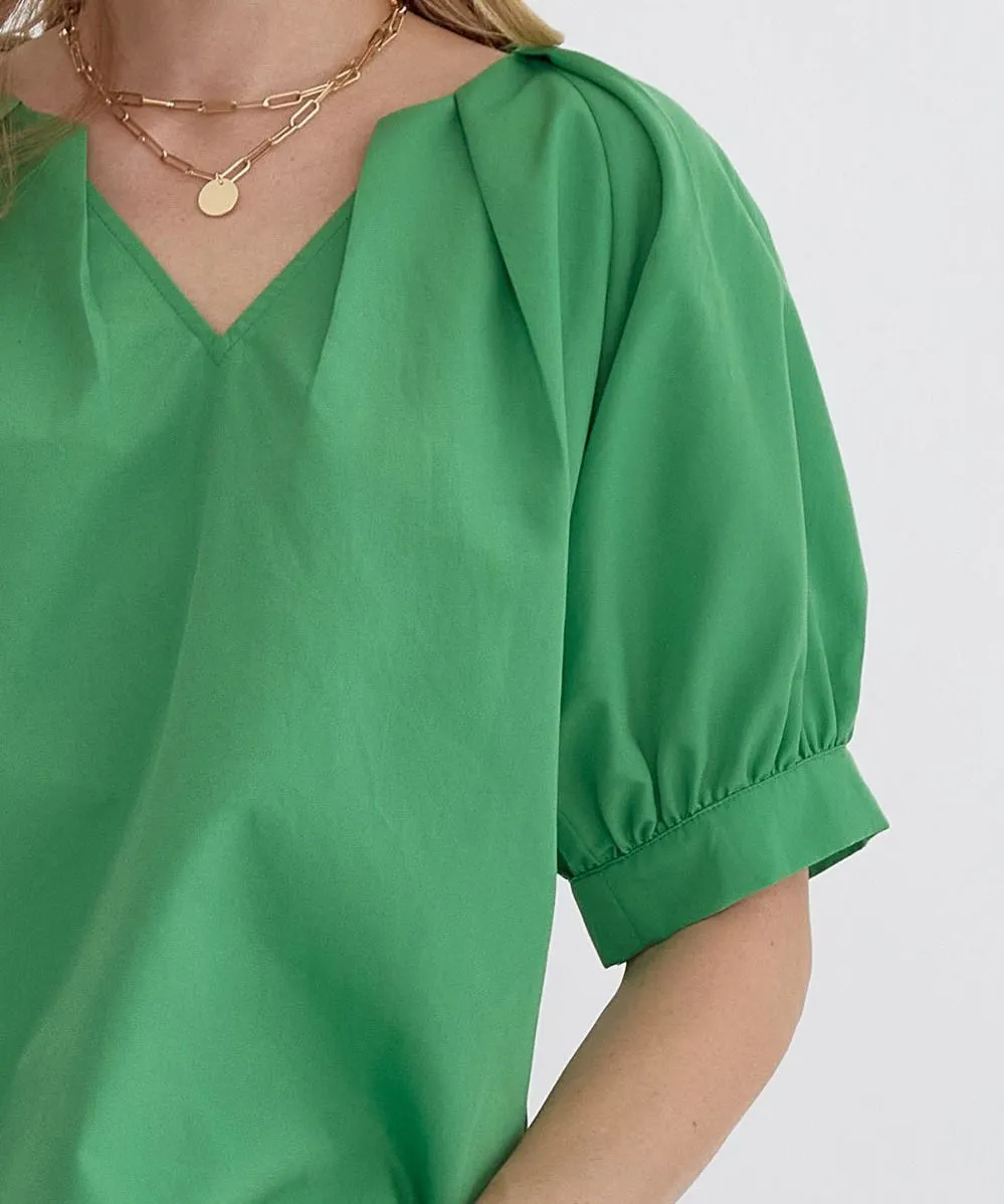 V-Neck Top with Pleat Detail - Pink OR Green