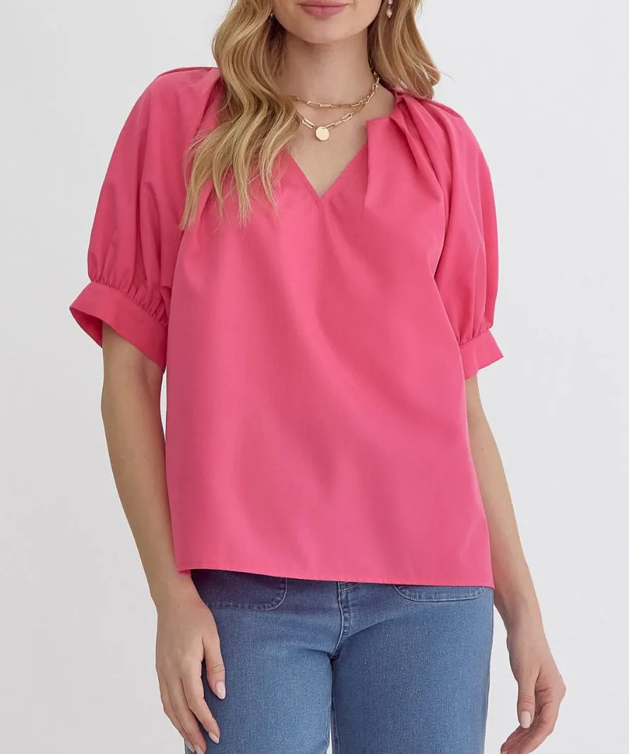 V-Neck Top with Pleat Detail - Pink OR Green