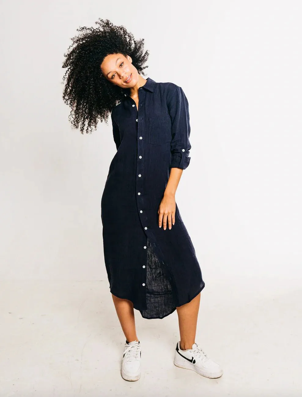 Washed Linen Girlfriend Dress - Navy