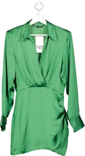 ZARA Green Satin Wrap Effect Mini Dress BNWT UK XS